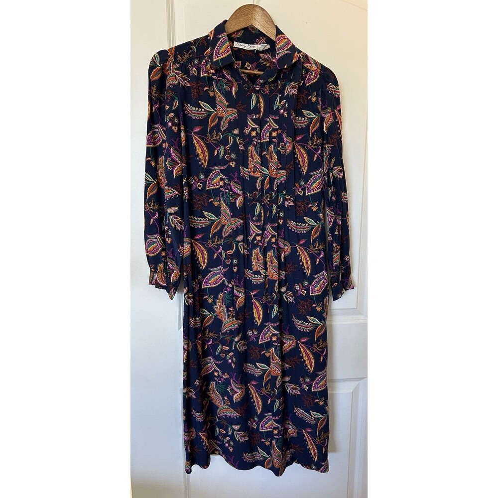 Schrader Sport NY Dress SZ 12 Button Navy Floral Boho Modest Chic Retro Vintage - Picture 2 of 11